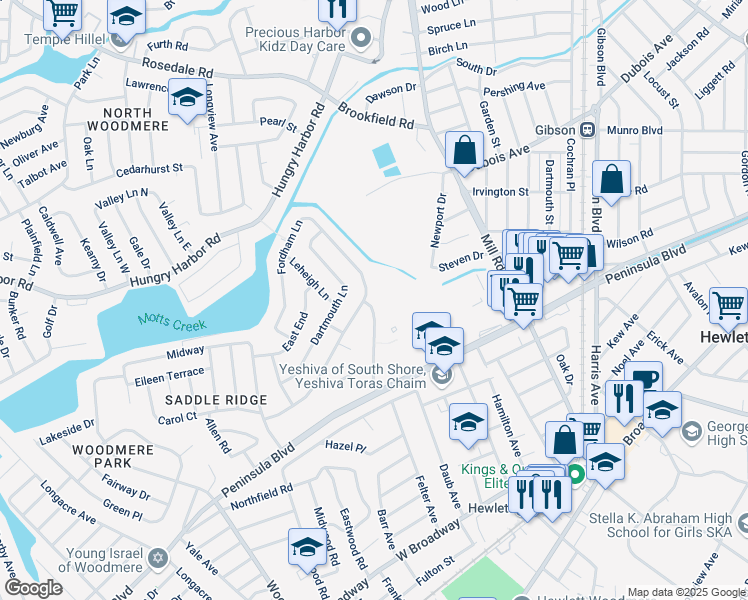 map of restaurants, bars, coffee shops, grocery stores, and more near 1013 South End in Woodmere