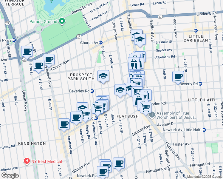 map of restaurants, bars, coffee shops, grocery stores, and more near 1808 Beverley Road in Brooklyn