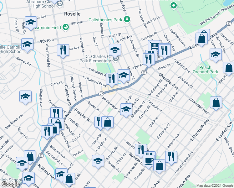 map of restaurants, bars, coffee shops, grocery stores, and more near 831 Cleveland Avenue in Linden