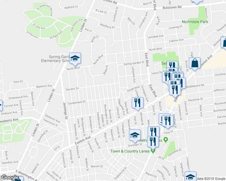 map of restaurants, bars, coffee shops, grocery stores, and more near 2226 Lincoln Street in Bethlehem