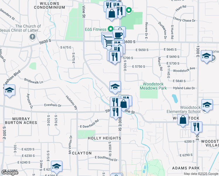 map of restaurants, bars, coffee shops, grocery stores, and more near 887 Vine Street in Salt Lake City