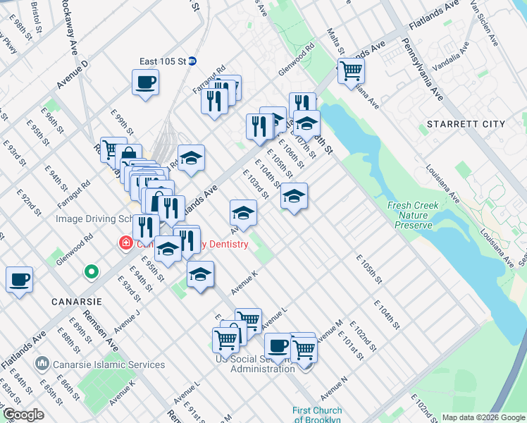 map of restaurants, bars, coffee shops, grocery stores, and more near 1023 East 102nd Street in Brooklyn