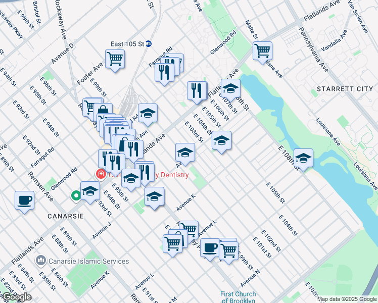 map of restaurants, bars, coffee shops, grocery stores, and more near 10023 Avenue J in Brooklyn