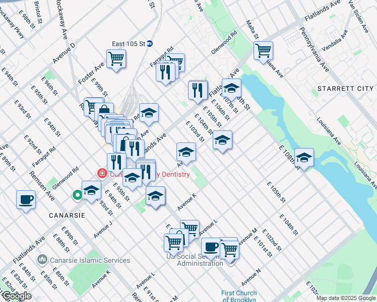 map of restaurants, bars, coffee shops, grocery stores, and more near 10023 Avenue J in Brooklyn