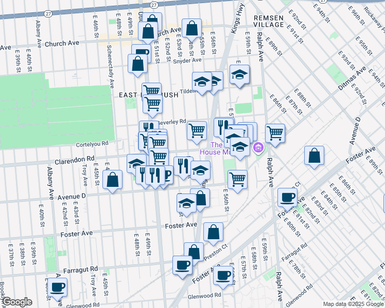 map of restaurants, bars, coffee shops, grocery stores, and more near 586 East 54th Street in Brooklyn
