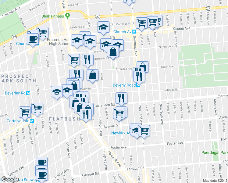 map of restaurants, bars, coffee shops, grocery stores, and more near 2516 Cortelyou Road in Brooklyn