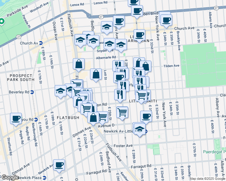 map of restaurants, bars, coffee shops, grocery stores, and more near 2516 Cortelyou Road in Brooklyn