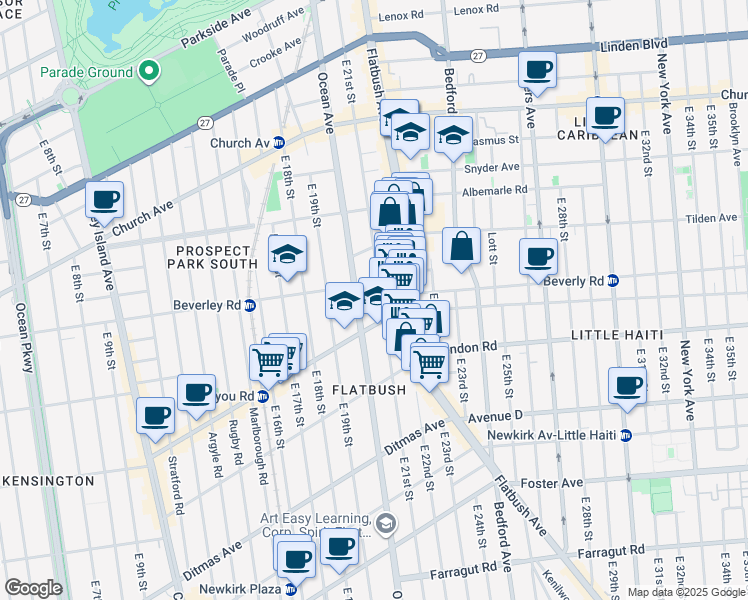 map of restaurants, bars, coffee shops, grocery stores, and more near 420 East 21st Street in Brooklyn