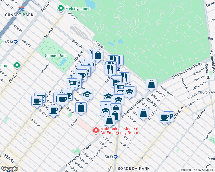 map of restaurants, bars, coffee shops, grocery stores, and more near 902 42nd Street in Brooklyn