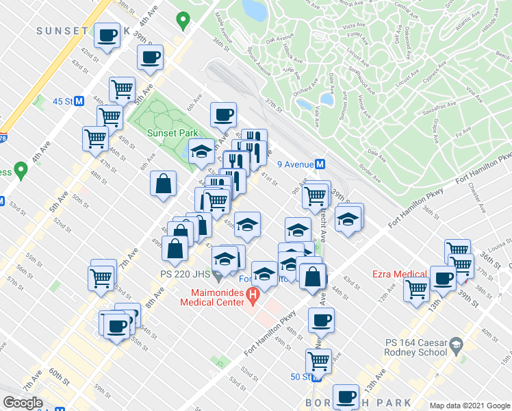map of restaurants, bars, coffee shops, grocery stores, and more near 872 43rd Street in Brooklyn
