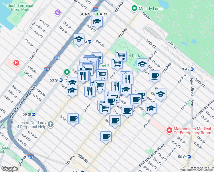 map of restaurants, bars, coffee shops, grocery stores, and more near 619 49th Street in Brooklyn