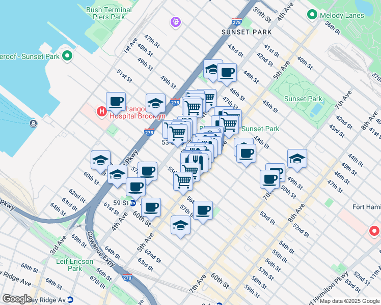 map of restaurants, bars, coffee shops, grocery stores, and more near 5304-5308 5th Avenue in Brooklyn