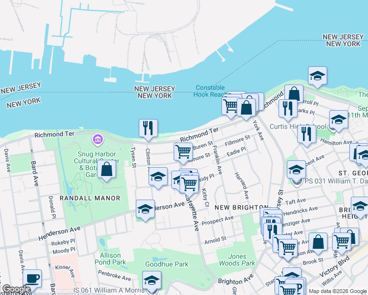 map of restaurants, bars, coffee shops, grocery stores, and more near 29 Lafayette Avenue in Staten Island