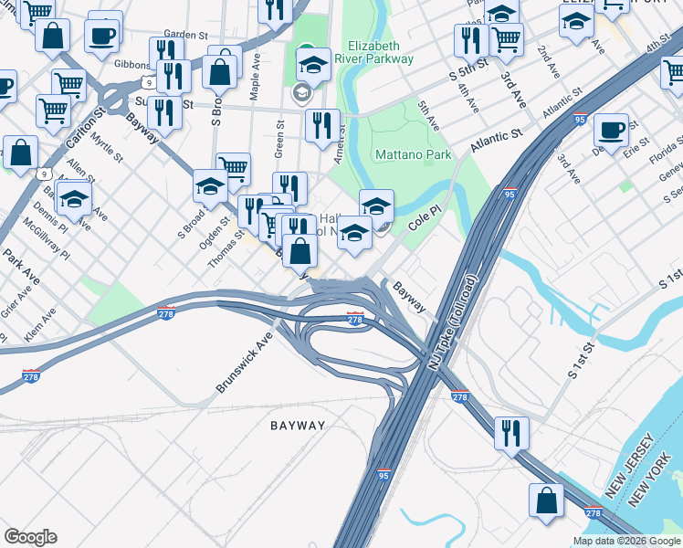 map of restaurants, bars, coffee shops, grocery stores, and more near 447 Fern Place in Elizabeth