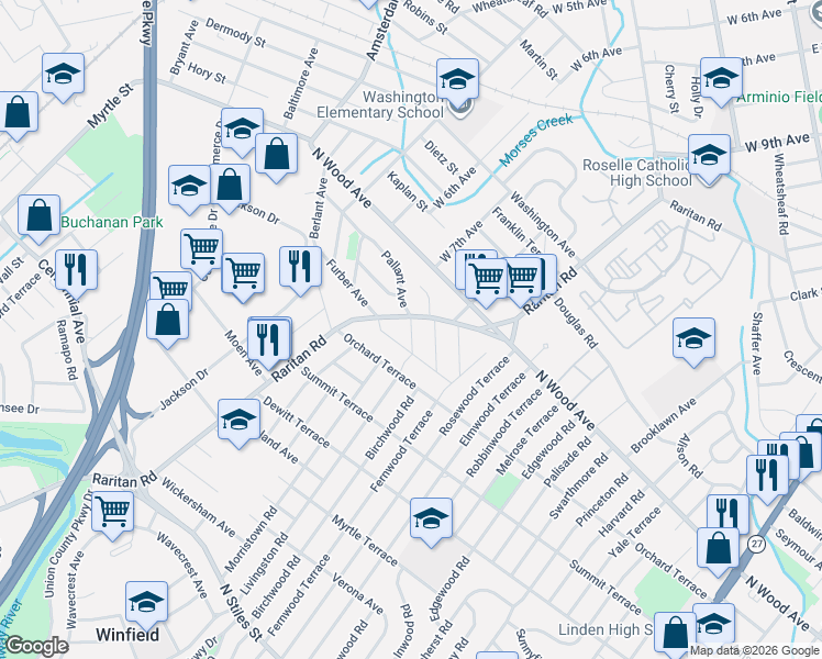 map of restaurants, bars, coffee shops, grocery stores, and more near 4 Pallant Avenue in Linden