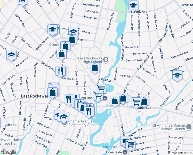 map of restaurants, bars, coffee shops, grocery stores, and more near 499 Ocean Avenue in East Rockaway