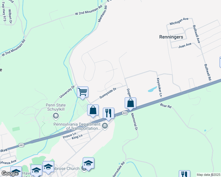 map of restaurants, bars, coffee shops, grocery stores, and more near 12 East Abby Lane in Schuylkill Haven