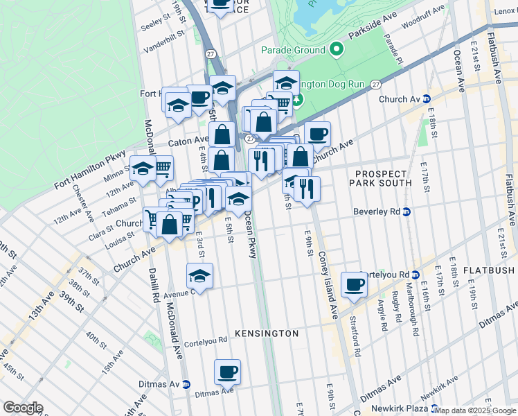 map of restaurants, bars, coffee shops, grocery stores, and more near 225 Ocean Parkway in Brooklyn