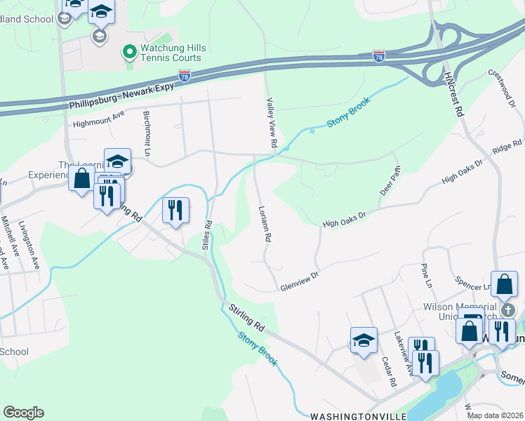 map of restaurants, bars, coffee shops, grocery stores, and more near 12 Loriann Road in Warren