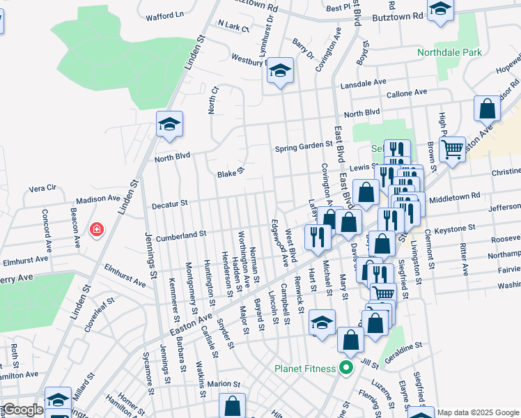 map of restaurants, bars, coffee shops, grocery stores, and more near 2226 Lincoln Street in Bethlehem