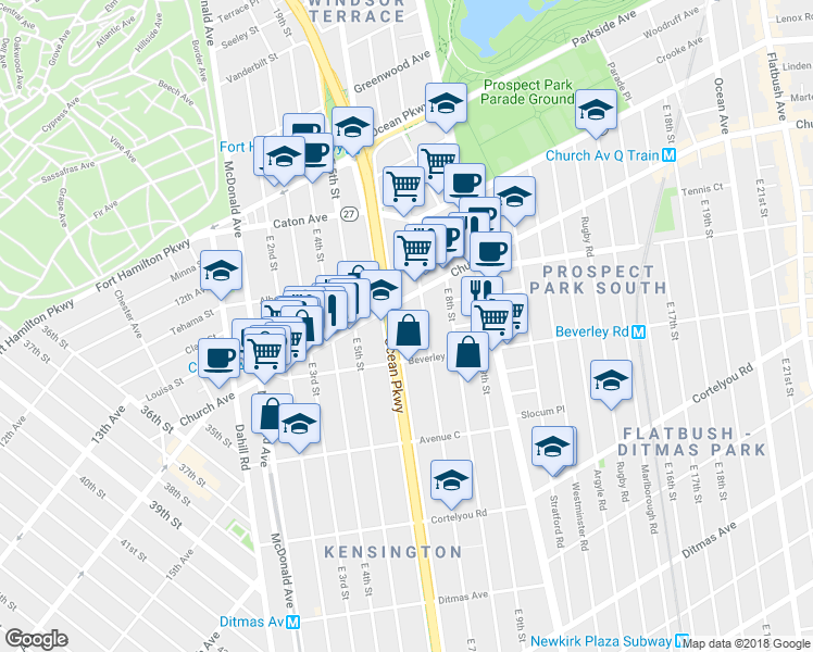 map of restaurants, bars, coffee shops, grocery stores, and more near 225 Ocean Parkway in Brooklyn
