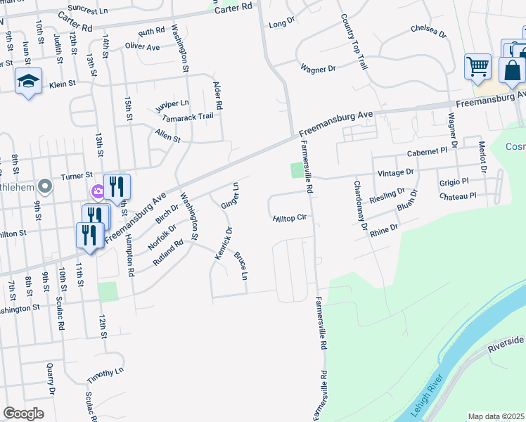 map of restaurants, bars, coffee shops, grocery stores, and more near 4360 Hilltop Circle in Bethlehem