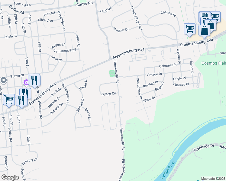 map of restaurants, bars, coffee shops, grocery stores, and more near 4390 Hilltop Circle in Bethlehem