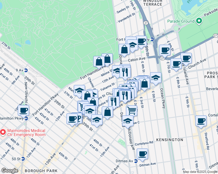 map of restaurants, bars, coffee shops, grocery stores, and more near 45 Tehama Street in Brooklyn