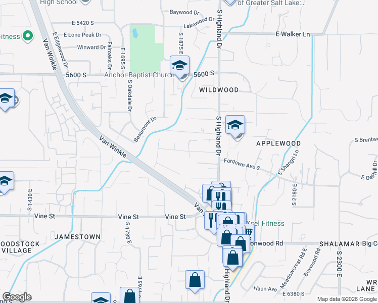 map of restaurants, bars, coffee shops, grocery stores, and more near 1932 Charleston Lane in Holladay