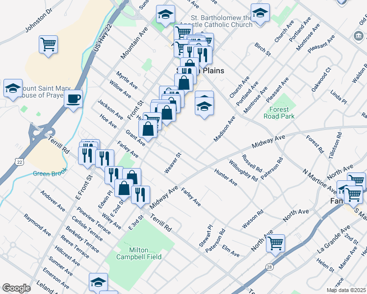 map of restaurants, bars, coffee shops, grocery stores, and more near 548 Hunter Avenue in Scotch Plains