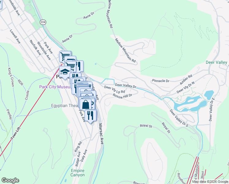 map of restaurants, bars, coffee shops, grocery stores, and more near 575 Rossie Hill Drive in Park City