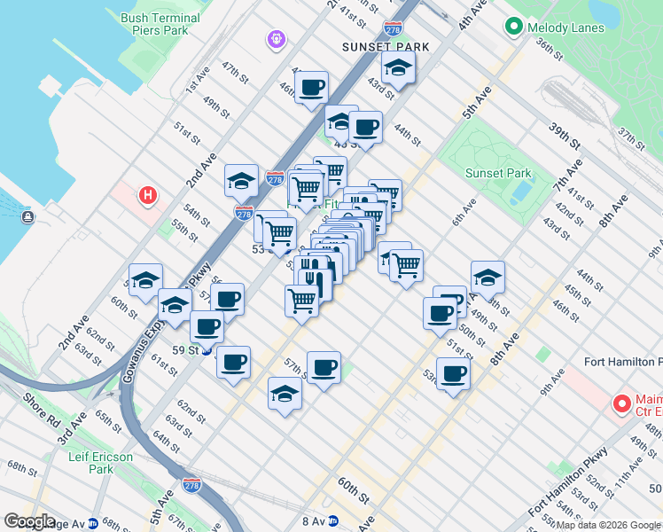 map of restaurants, bars, coffee shops, grocery stores, and more near 5200-5298 5th Avenue in Brooklyn