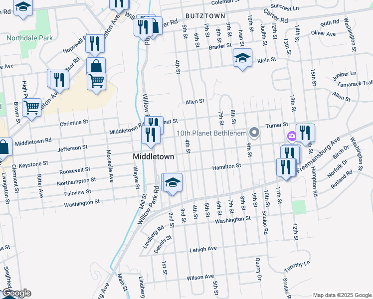 map of restaurants, bars, coffee shops, grocery stores, and more near 2005 4th Street in Bethlehem
