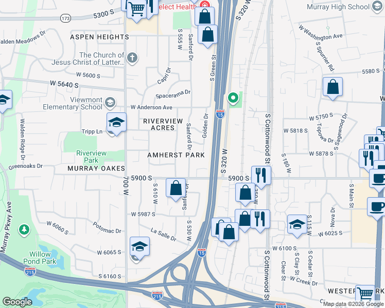 map of restaurants, bars, coffee shops, grocery stores, and more near 5833 Sanford Drive in Murray