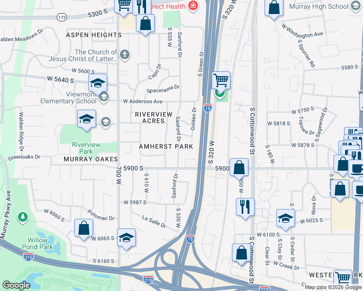 map of restaurants, bars, coffee shops, grocery stores, and more near 5833 Sanford Drive in Murray