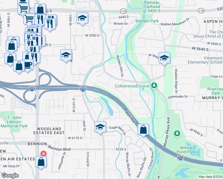 map of restaurants, bars, coffee shops, grocery stores, and more near 1239 West 5840 South in Murray