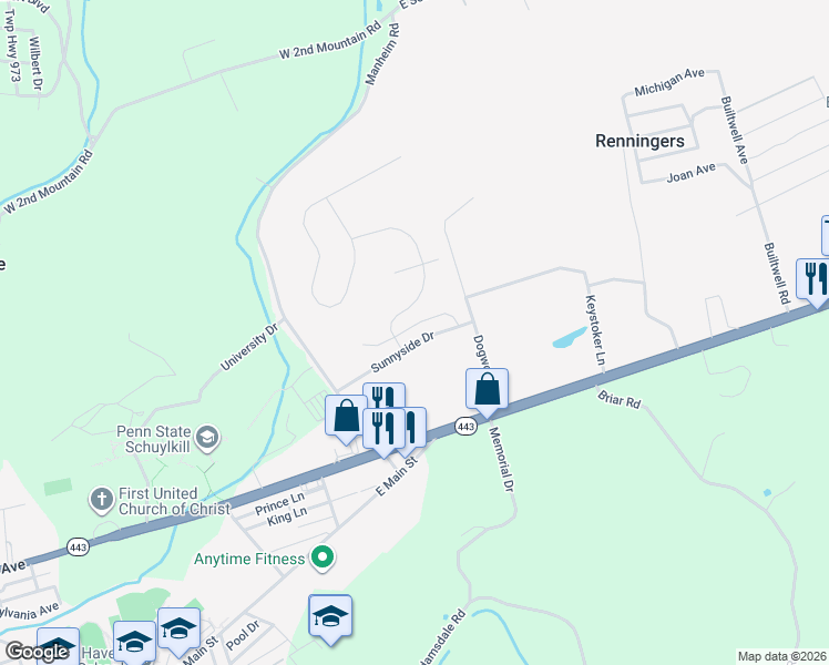 map of restaurants, bars, coffee shops, grocery stores, and more near 14 East Abby Lane in Schuylkill Haven