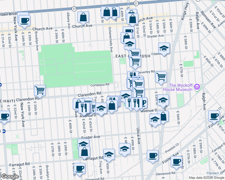 map of restaurants, bars, coffee shops, grocery stores, and more near 4617 Clarendon Road in Brooklyn