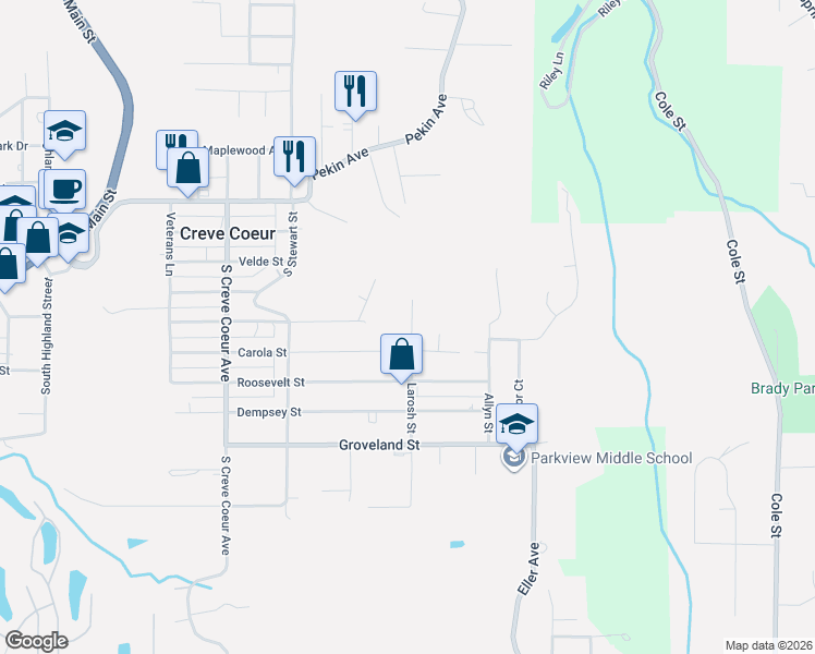 map of restaurants, bars, coffee shops, grocery stores, and more near 517 La Rosh Street Court in Creve Coeur