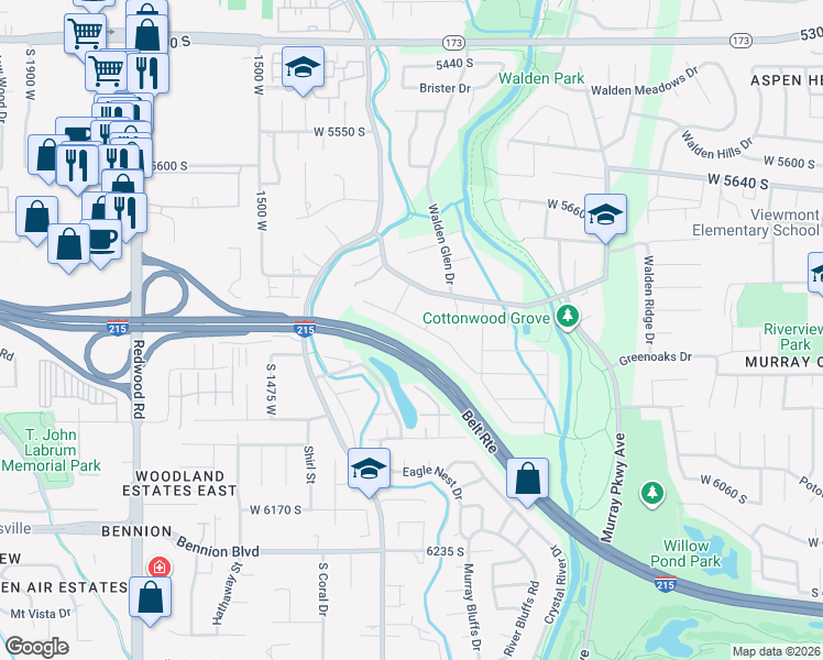 map of restaurants, bars, coffee shops, grocery stores, and more near 1239 West 5840 South in Murray