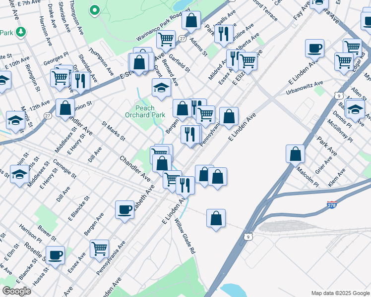 map of restaurants, bars, coffee shops, grocery stores, and more near 1410 East Elizabeth Avenue in Linden
