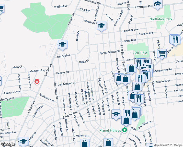 map of restaurants, bars, coffee shops, grocery stores, and more near 2229 Lincoln Street in Bethlehem
