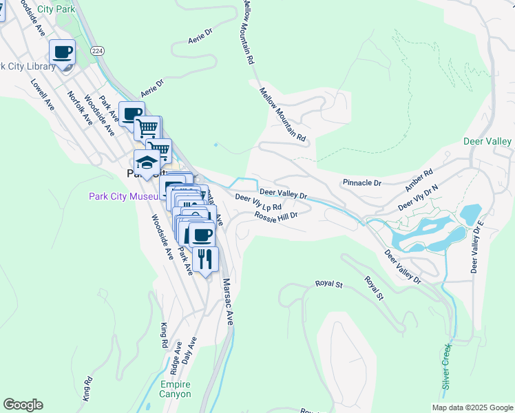 map of restaurants, bars, coffee shops, grocery stores, and more near 575 Rossie Hill Drive in Park City