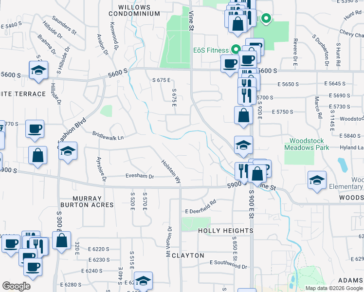 map of restaurants, bars, coffee shops, grocery stores, and more near 715 Erekson View Circle in Murray