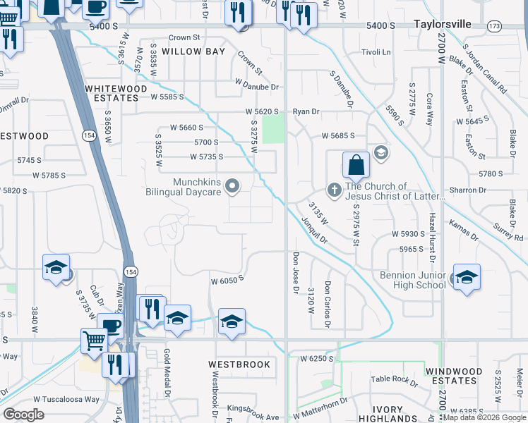 map of restaurants, bars, coffee shops, grocery stores, and more near 3274 West 5900 South in Taylorsville