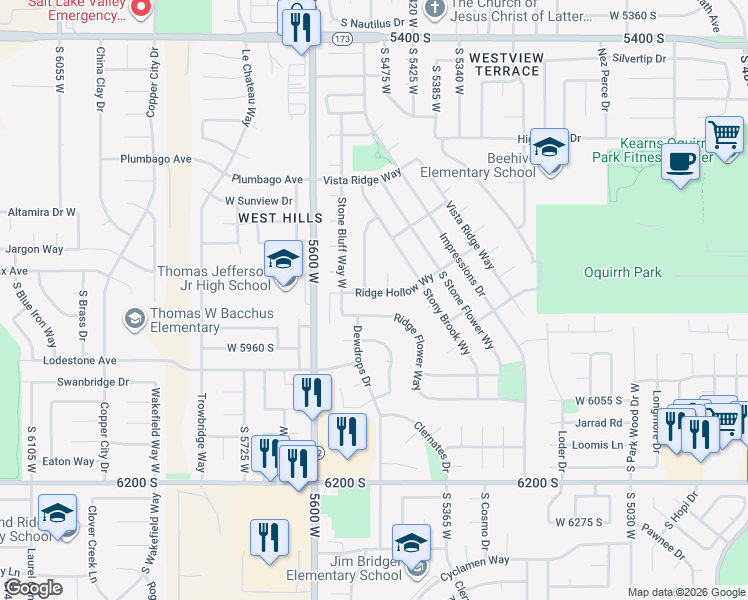 map of restaurants, bars, coffee shops, grocery stores, and more near 5476 Ridge Flower Way in Kearns