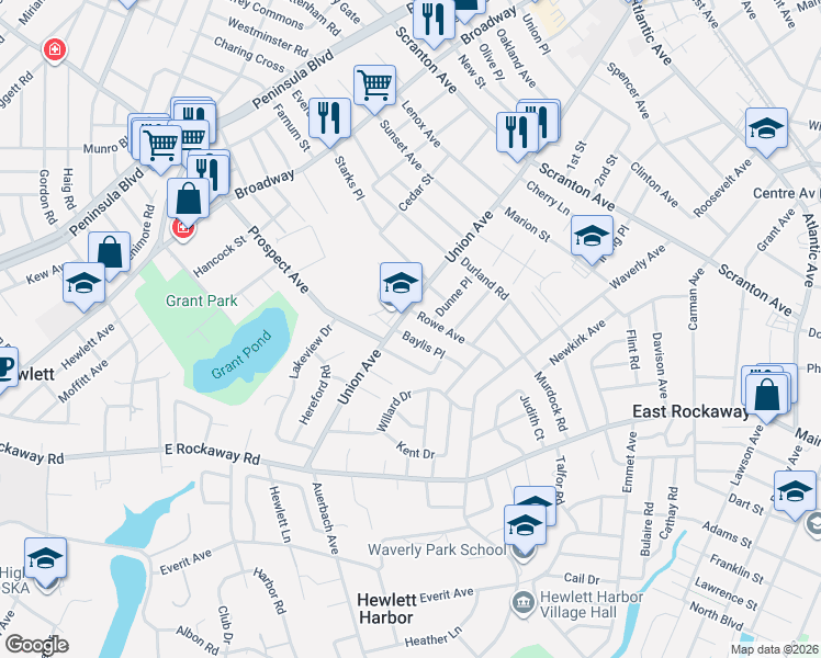 map of restaurants, bars, coffee shops, grocery stores, and more near 10 Baylis Place in Lynbrook