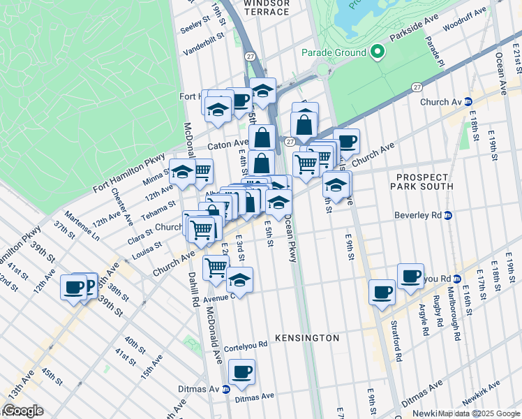 map of restaurants, bars, coffee shops, grocery stores, and more near 421 Church Avenue in Brooklyn