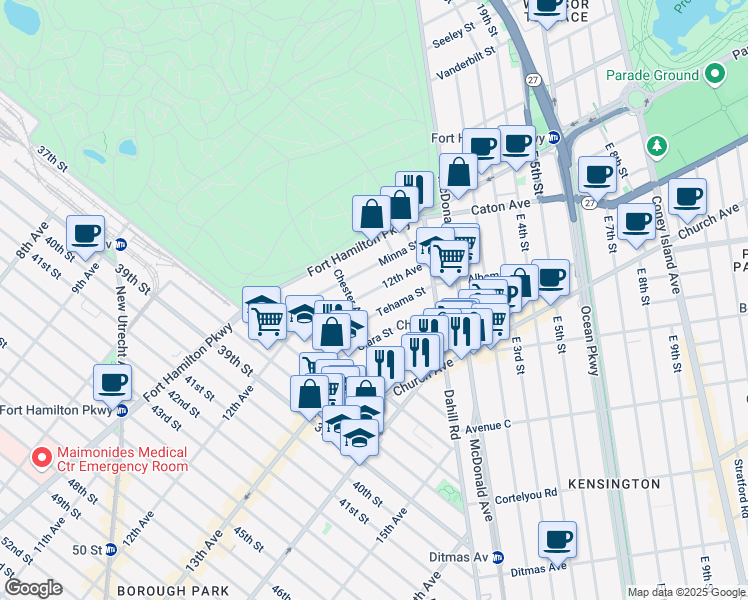 map of restaurants, bars, coffee shops, grocery stores, and more near 77 Tehama Street in Brooklyn