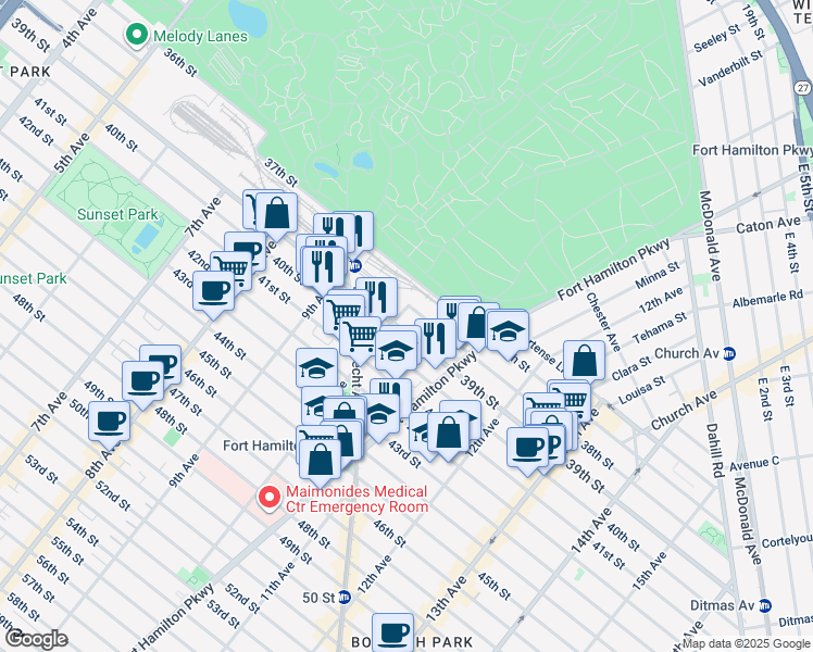 map of restaurants, bars, coffee shops, grocery stores, and more near 1036 39th Street in Brooklyn
